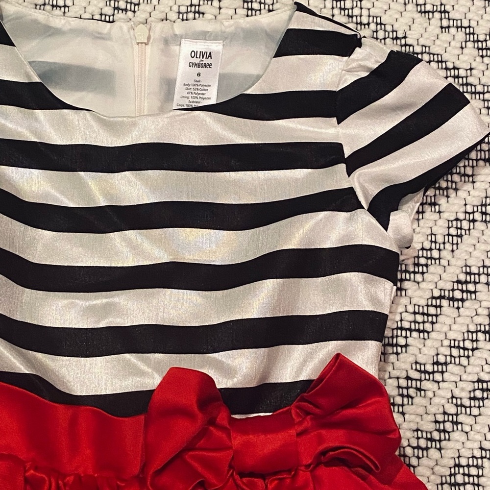 Christmas Holiday Short Sleeve Satin Black White Striped Olivia Dress w Red Bow - Picture 4 of 8